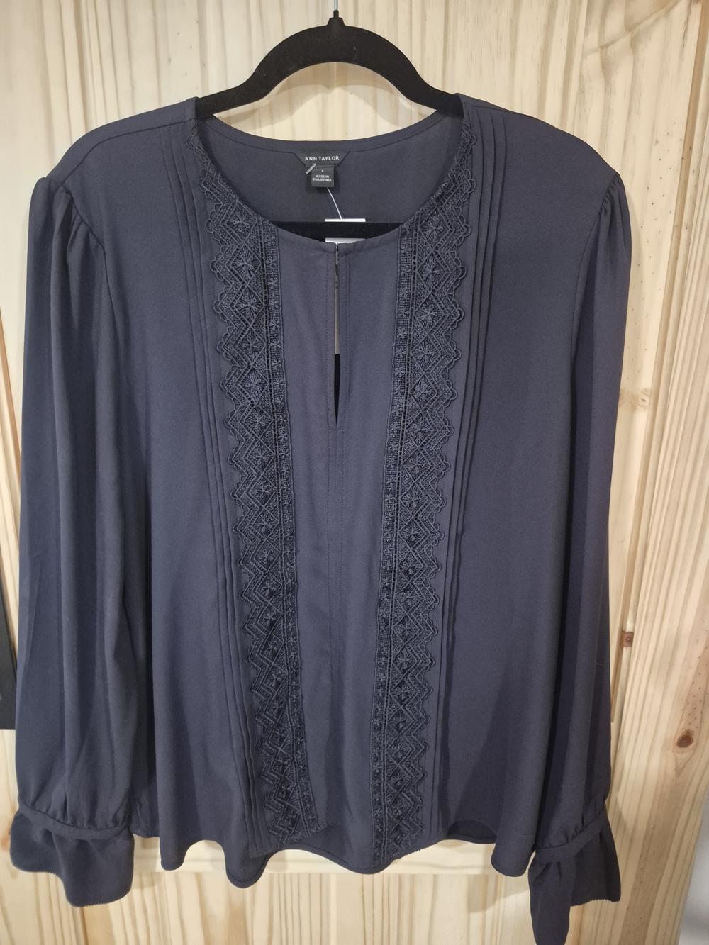 Ann Taylor Navy Lace-Trim Long Sleeve Blouse